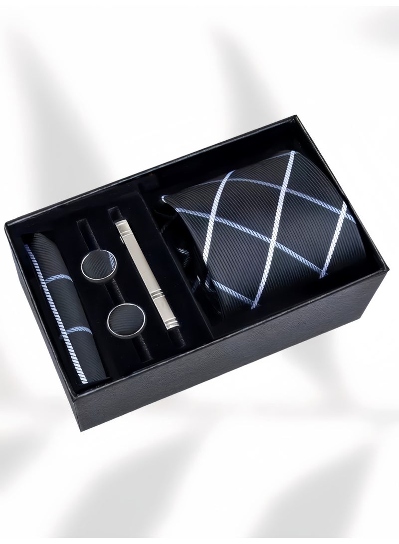 Hiras Fashionable Grid pattern Necktie Suit Gift Box Set（Tie, Pocket Square, Cufflinks, Tie Clip Set )-Black - Image 4